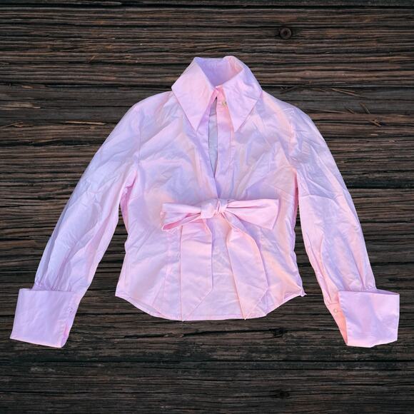 Pink bow tie high collared shirt vintage 1980s coquette balletcore office siren - Picture 1 of 9